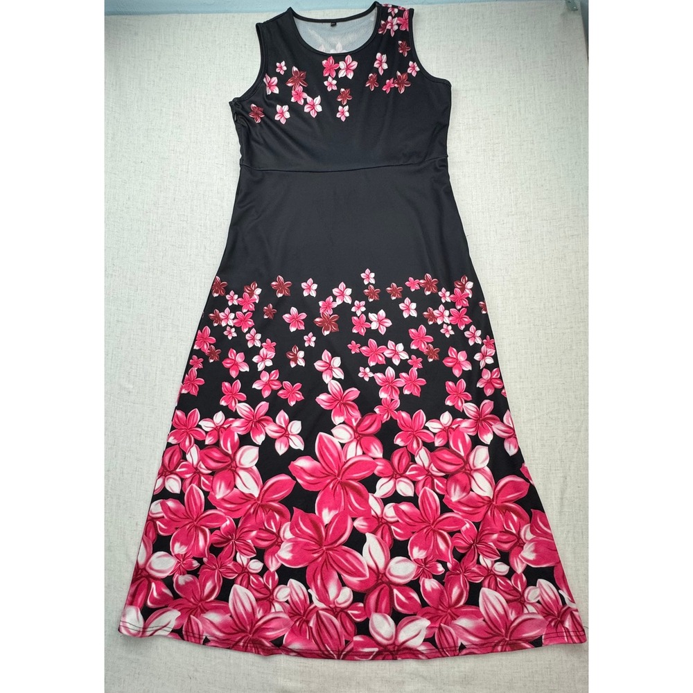 Floral Maxi Dress Womens 2XL Black Pink Plumeria Tropical Hawaiian